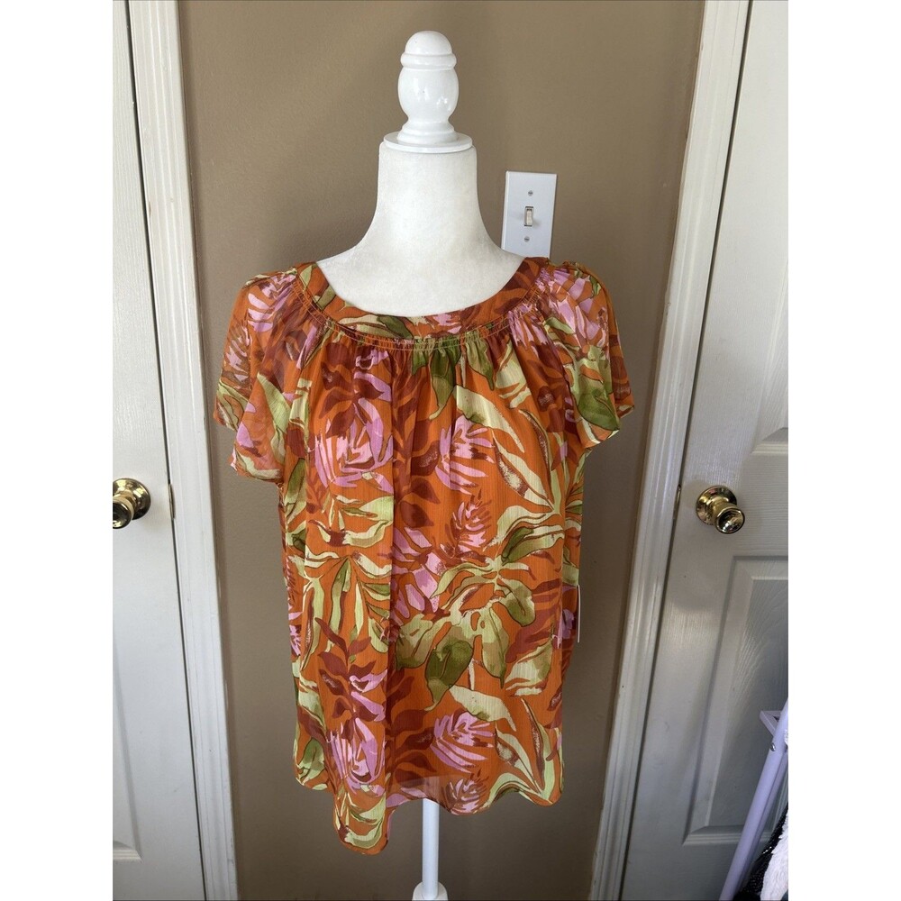 LC Lauren Conrad Blouse Women Sz M Tropical Floral Short Sleeve Top Tie Back